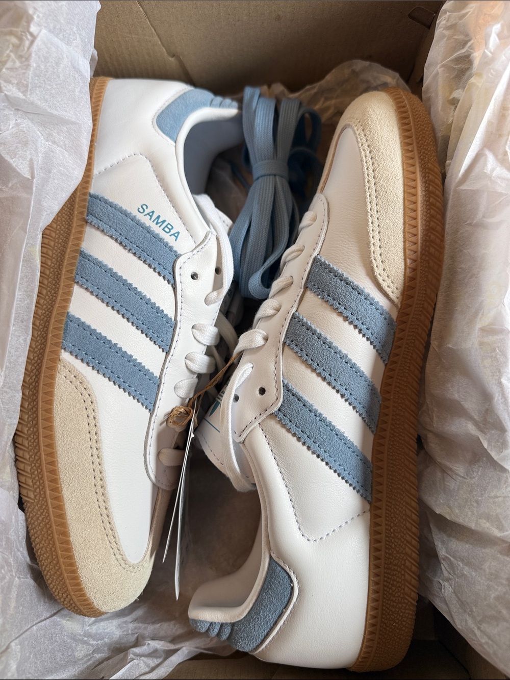 Adidas Original Samba White Leather Sneakers with Blue/Gray Stripes and Gum Sole - Picture 5 of 8